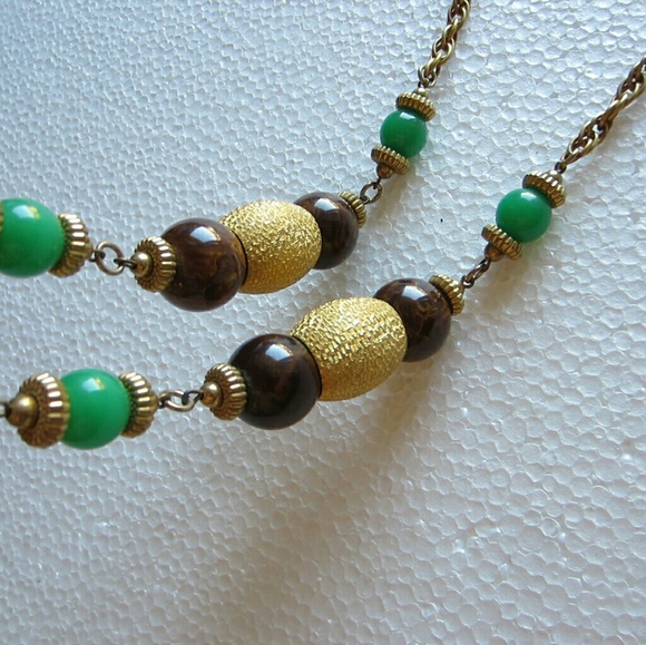 Cadoro Long Chain Necklace Decorated Large Green & Gold Beads Designer Tag Mark - Picture 6 of 14
